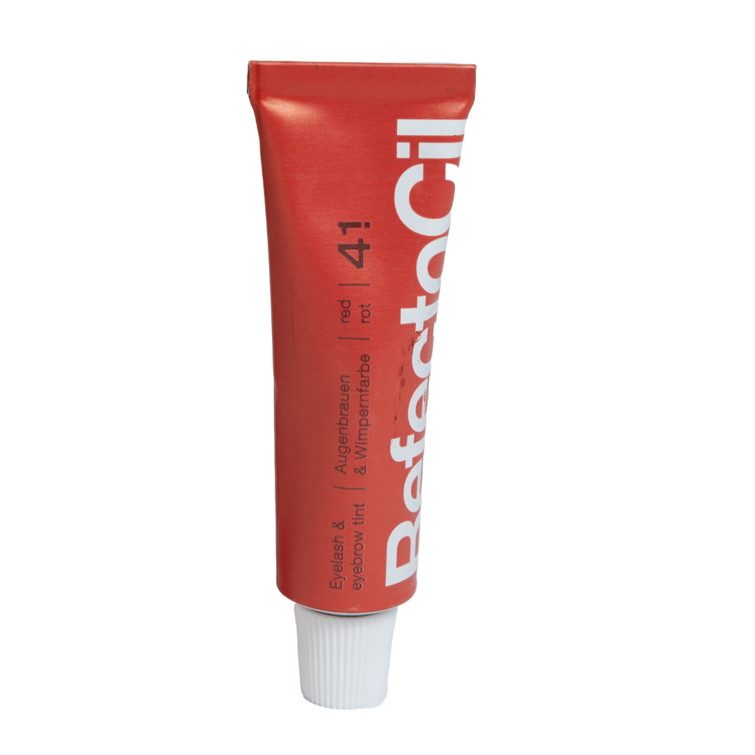 F003D Refectocil Red Eyelash and Brow Tint | A red squeeze tube of Refectocil Eyelash & Eyebrow Tint in shade 41, featuring a white ribbed cap, set against a plain white background.