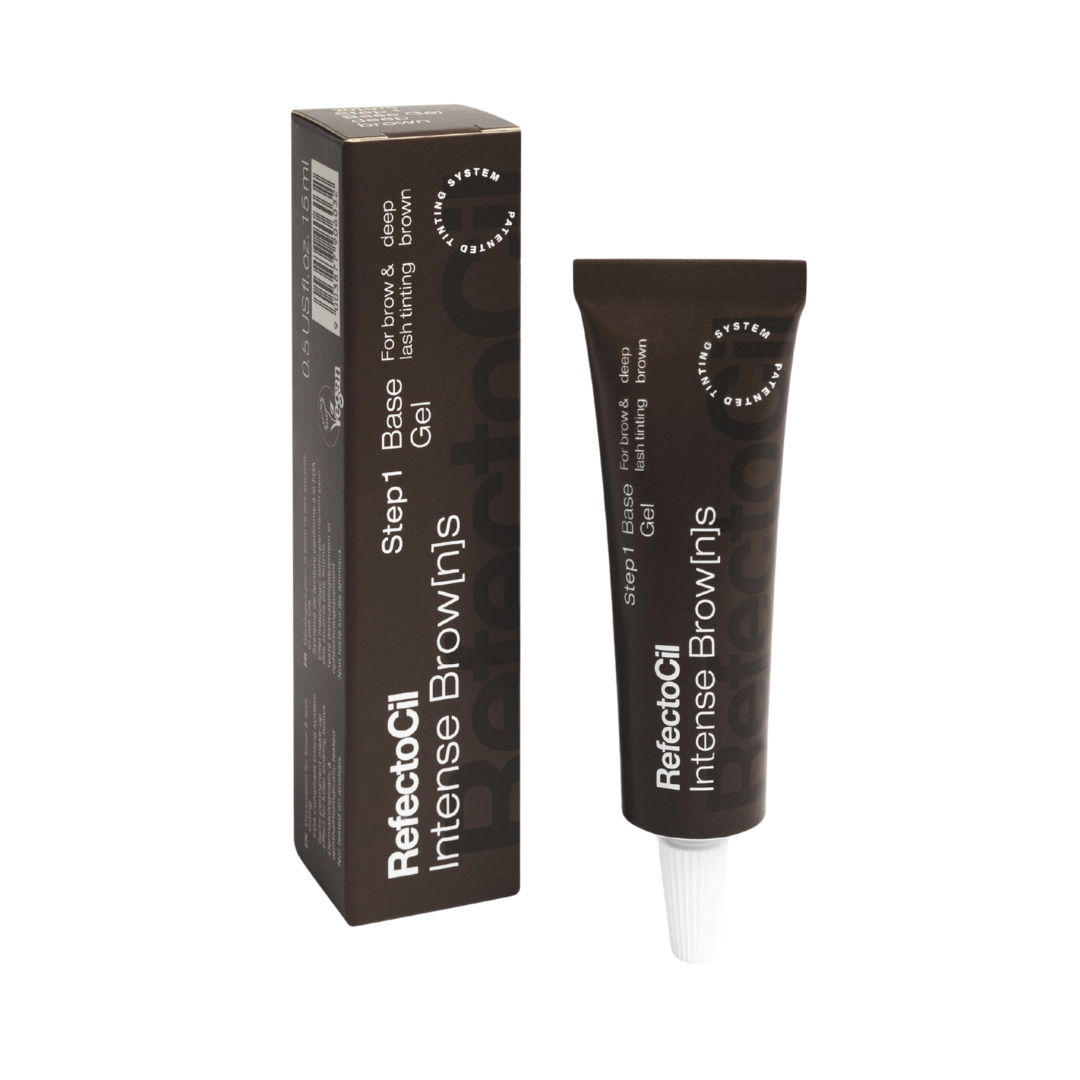 A tube and box of ReflectaCil Intense Brown Gel hair dye, shown on a plain white background. The packaging is deep brown with white text, and the tube has a white applicator tip.