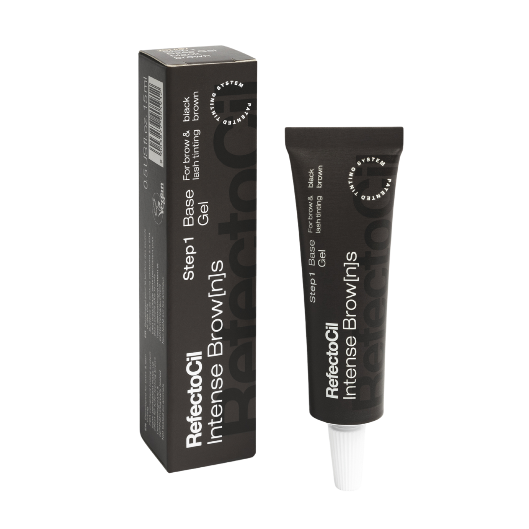 A brown box and matching squeeze tube of Reflectocil Intense Browns  Step 1 Base Gel in black brown on a plain white background.