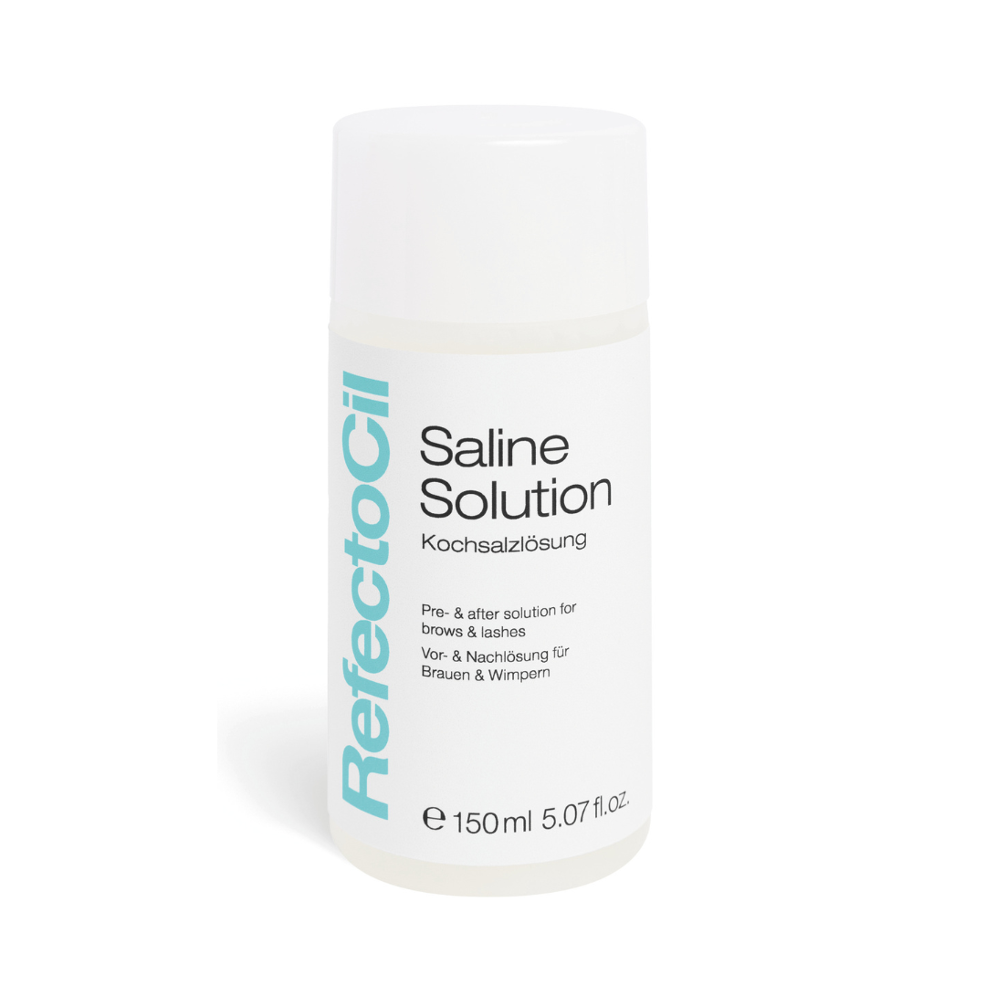 A 150 ml white bottle of RefectoSil Saline Solution for cleansing eyes and brows, featuring a white cap and a white label with black text and a vertical teal brand logo.