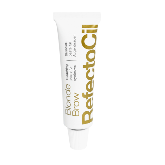 F003T Refectocil Blond Eyelash Tint | A white squeeze tube of RefectoCil Blonde Brow Bleaching Brows and Eyebrows, featuring gold and black text on a clean white background.