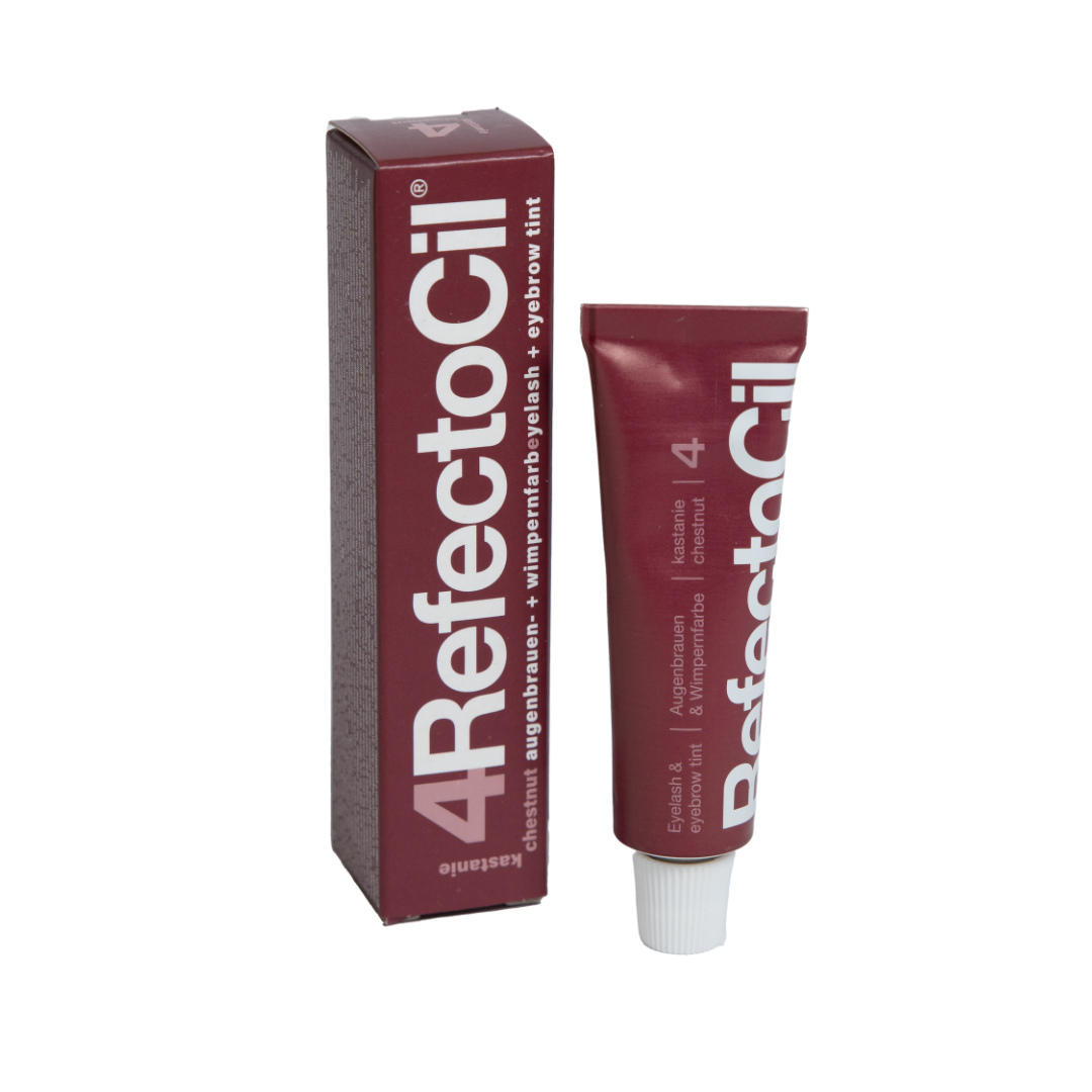 F003U Refectocil Chestnut Eyelash and Brow Tint | A tube and box of 4 Refectocil lash and brow tint featuring a deep burgundy color with white text and a white cap, set against a plain white background. 