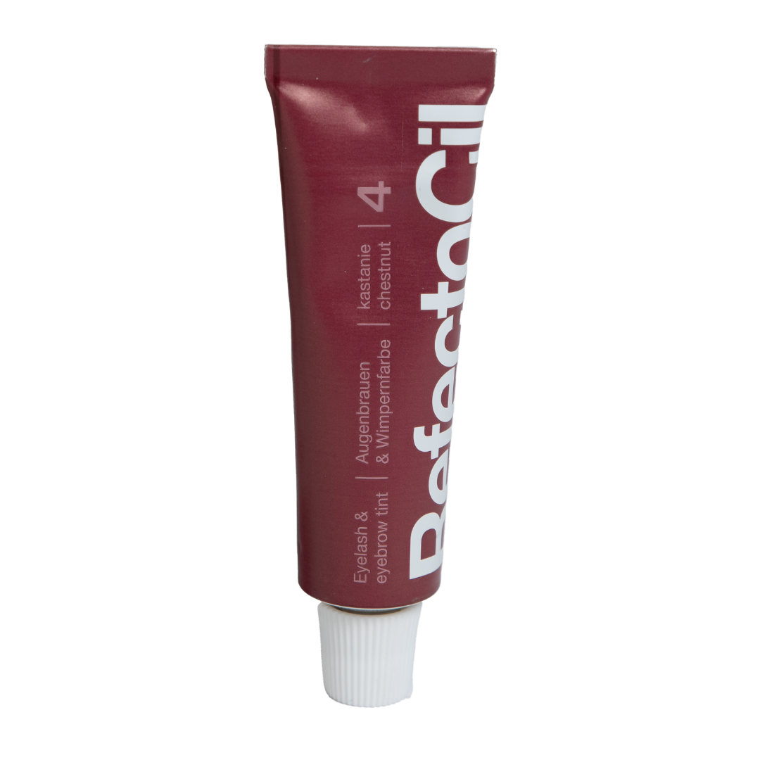 F003U Refectocil Chestnut Eyelash and Brow Tint | A tube and box of 4 Refectocil lash and brow tint featuring a deep burgundy color with white text and a white cap, set against a plain white background. 