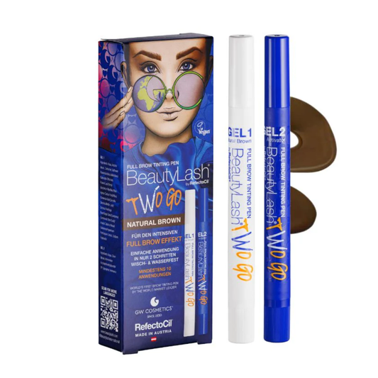 BeautyLash Two Go Full Brow Treatment kit by GW Cosmetics, featuring a blue and purple retail box, two applicator pens (one white, one blue), and a brown brow tint swatch on a white background.