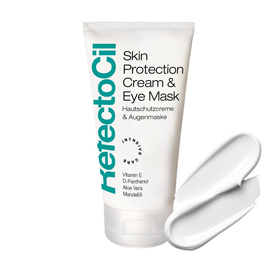 A white squeeze tube of RefectoCil Skin Protection Cream & Eye Mask with a separate white cream sample beside it, on a plain white background.