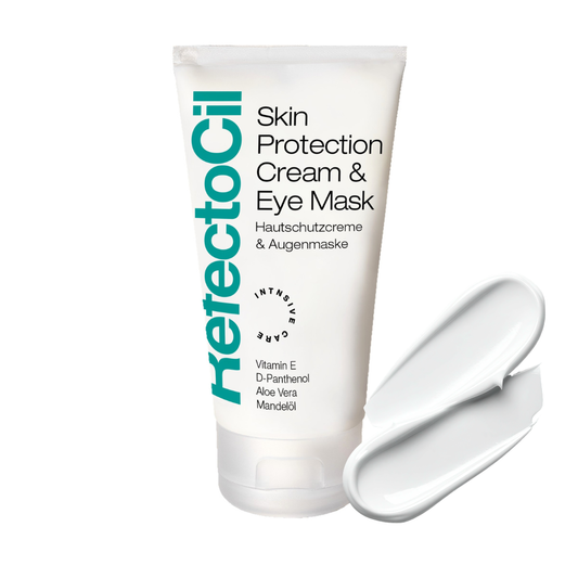 A white squeeze tube of RefectoCil Skin Protection Cream & Eye Mask with a separate white cream sample beside it, on a plain white background.