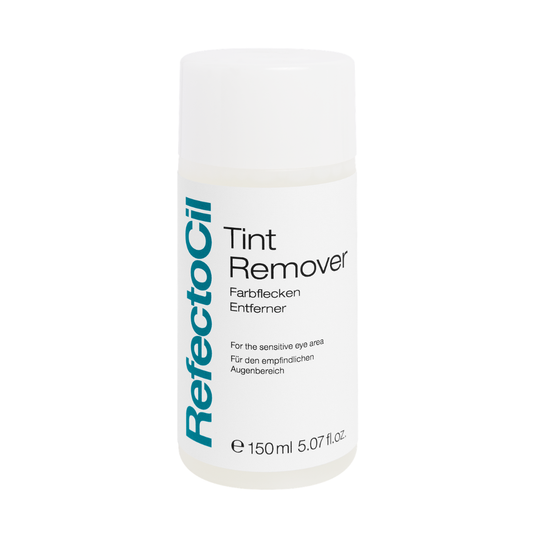 A white cylindrical bottle of RefectoCil Tint Remover with a white cap, featuring black text and a vertical teal brand logo on a white background.