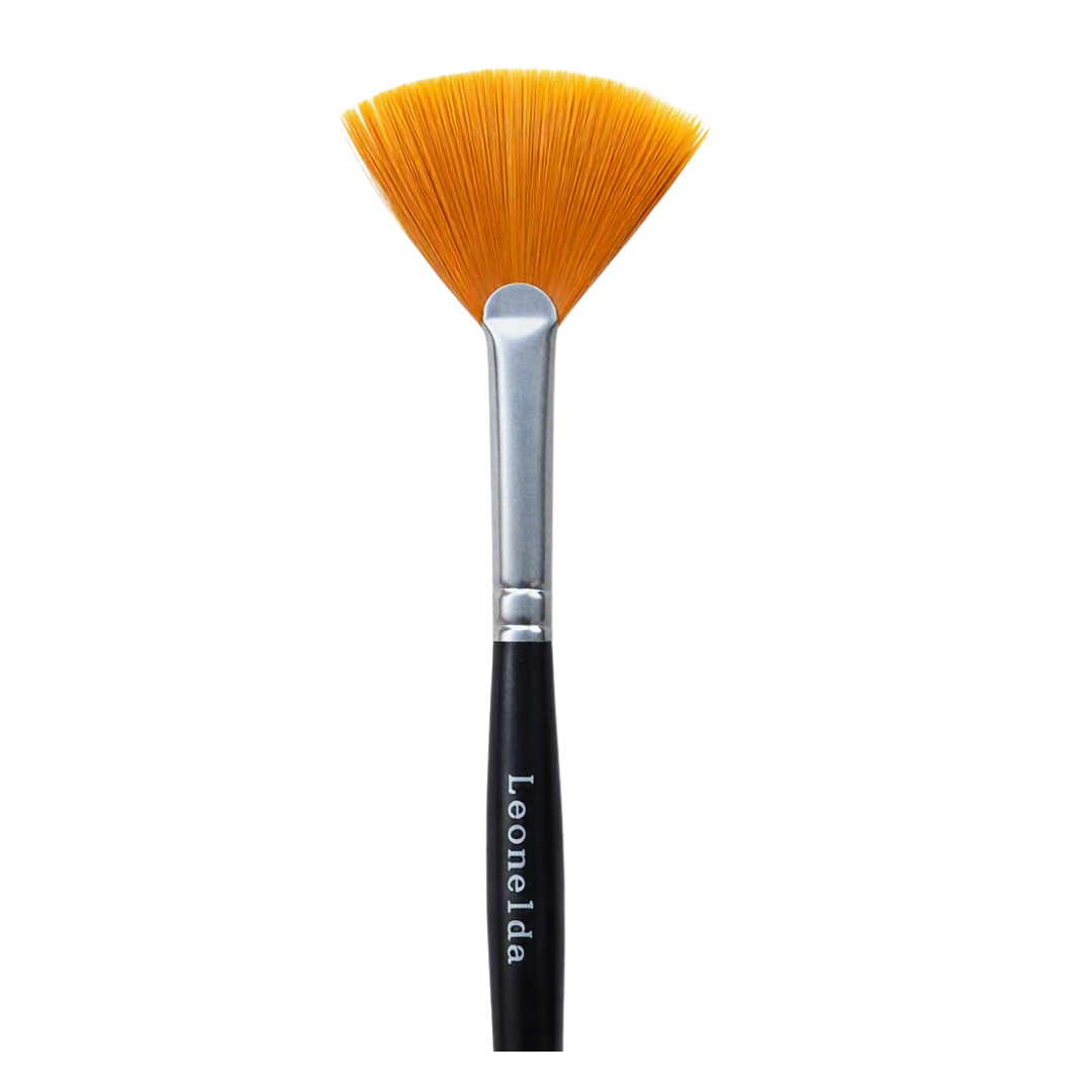 A single facial mask brush with a black handle, silver ferrule, and orange-brown bristles, shown vertically on a plain white background. The handle is printed with the brand name 'Leonelda'