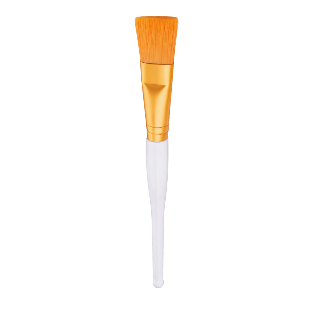 A flat facial mask brush with orange bristles, a shiny gold ferrule, and a clear plastic handle, shown vertically against a plain white background.