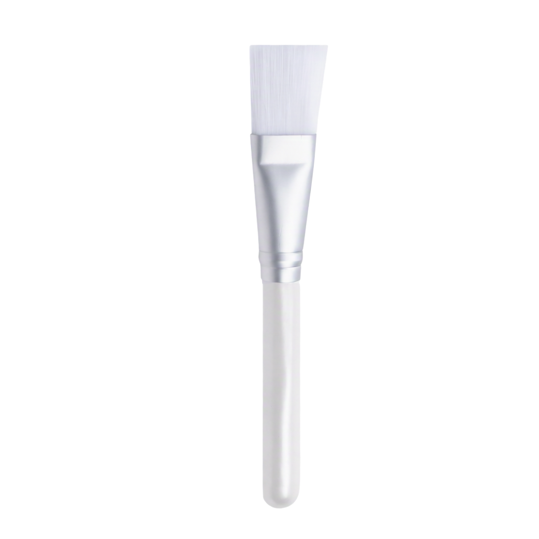 A flat chemical peel application brush with white bristles, a silver ferrule, and a white handle, centered on a plain white background.