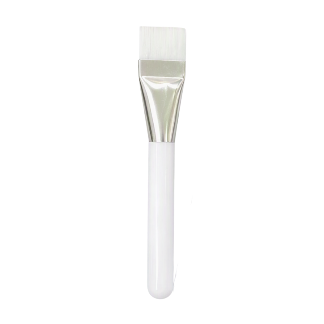 A flat face mask brush with a white plastic handle, a shiny silver metal ferrule, and white bristles, shown vertically against a plain white background.