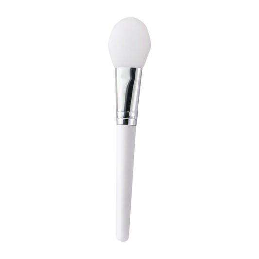 A white silicone mask brush with a rounded, soft bristle head, a shiny silver ferrule, and a white handle, shown against a plain white background.