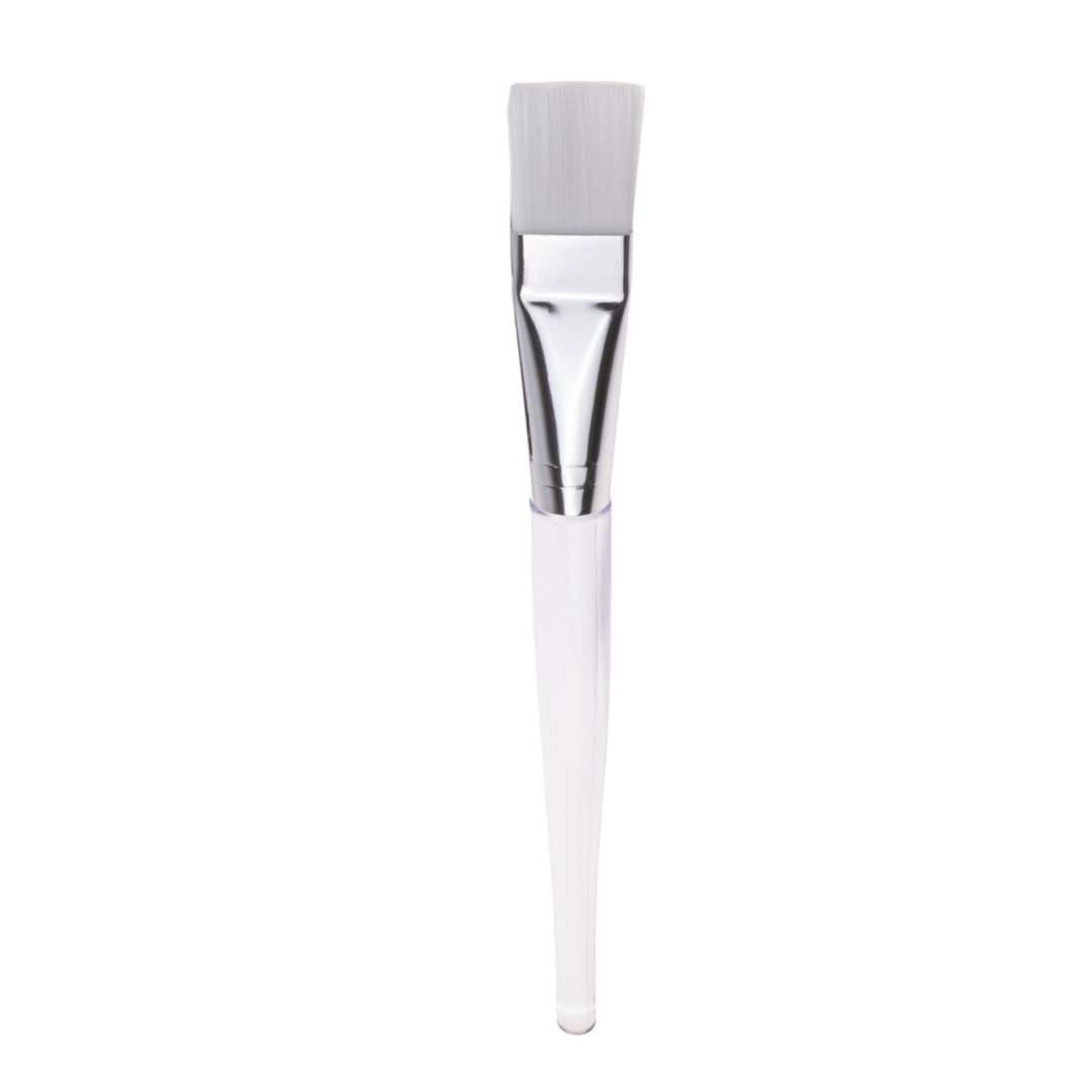 A flat facial mask brush with a clear handle, silver ferrule, and white bristles, shown vertically against a plain white background.