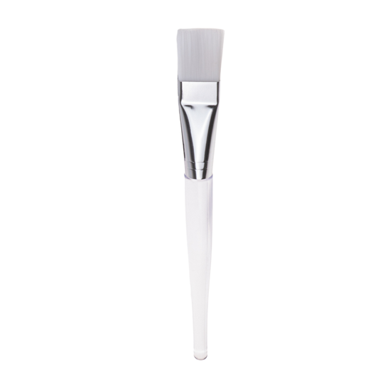A flat facial mask brush with a clear handle, silver ferrule, and white bristles, shown vertically against a plain white background.