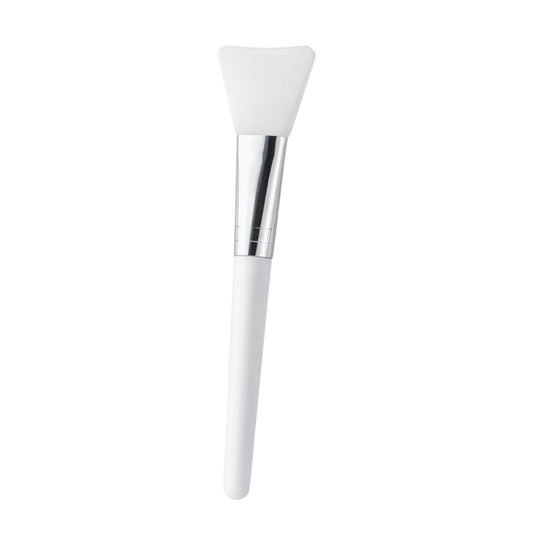 A white silicone facial cleansing brush with a silver ferrule and white handle, shown vertically against a plain white background.