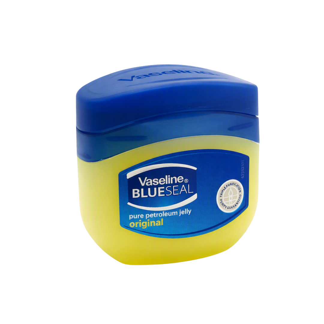 Vaseline Blue Seal pure petroleum jelly in a yellow and blue plastic jar, shown on a plain white background.