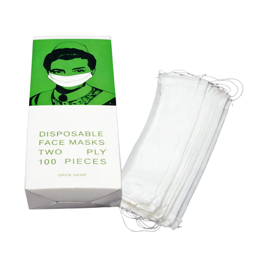 A pack of 100 disposable two-ply face masks shown next to their white cardboard packaging box, which features a green graphic of a woman wearing a mask.