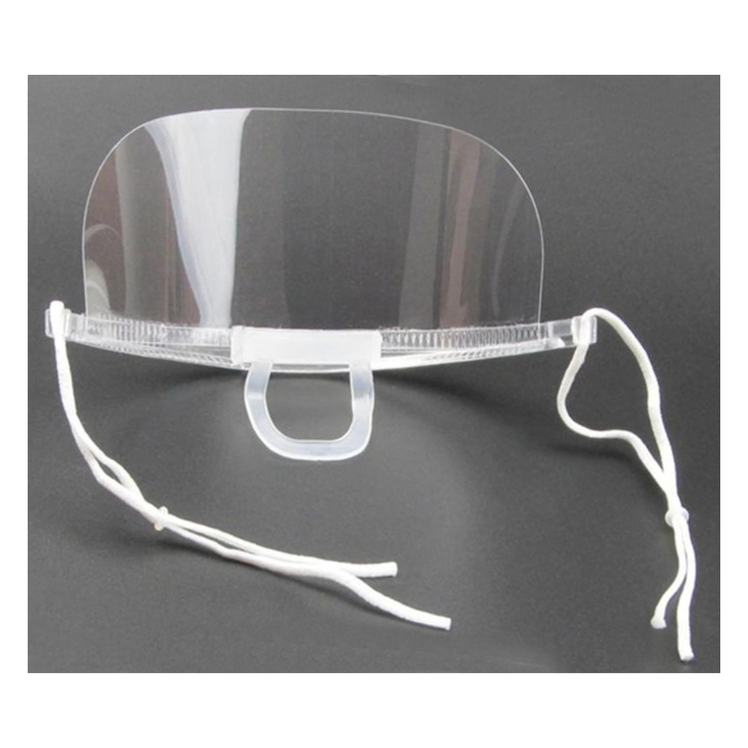Clear plastic shield glasses with a transparent visor, white plastic frame, and white drawstring ear loops, shown on a dark gray background.