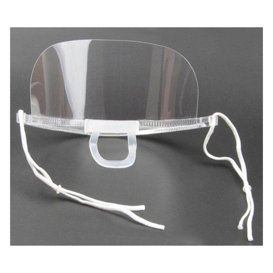 Clear plastic shield glasses with a transparent visor, white plastic frame, and white drawstring ear loops, shown on a dark gray background.