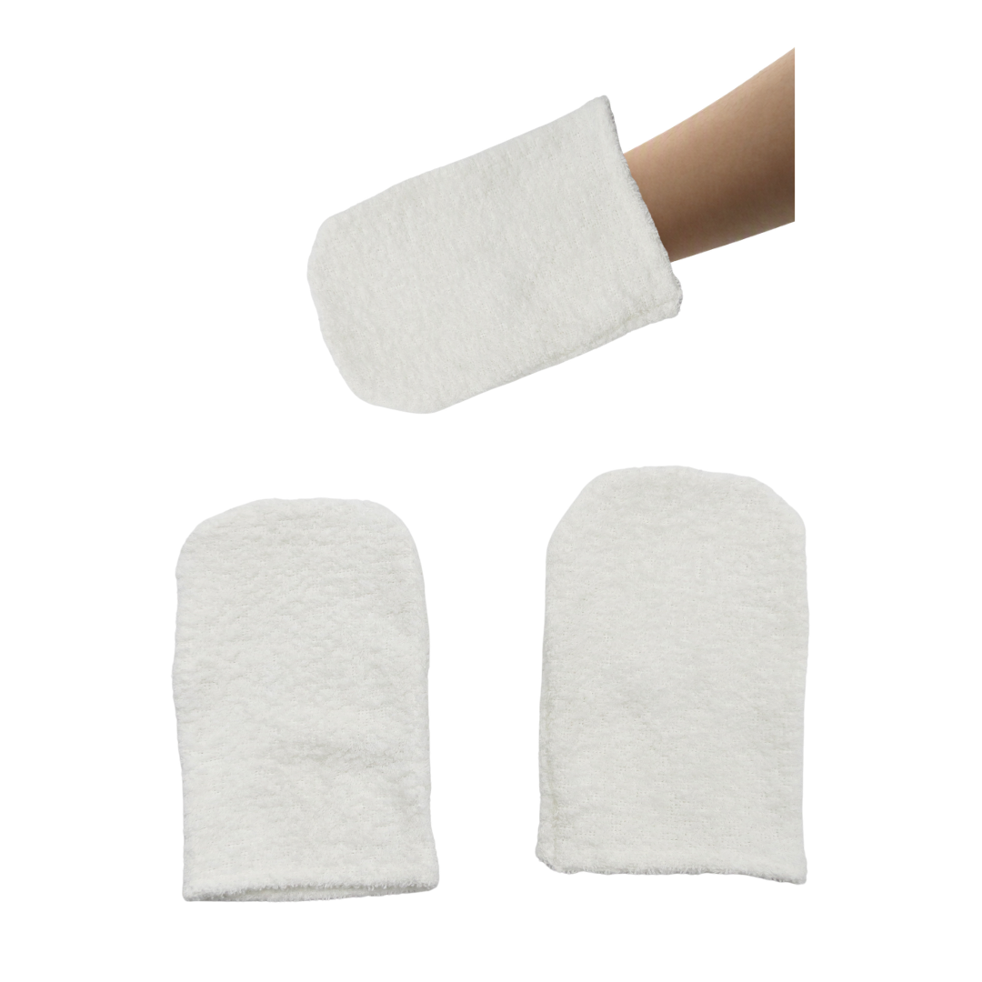 Facial mitts in White, displayed in a pair and above it a hand with one mitt in same colour.