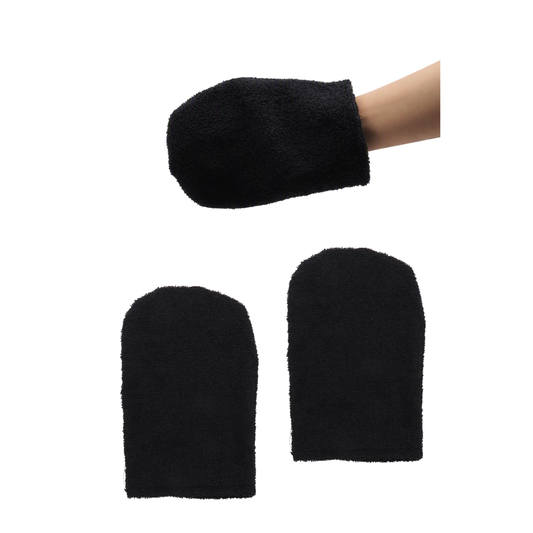 Facial mitts in black, displayed in a pair and above it a hand with one mitt in same colour.