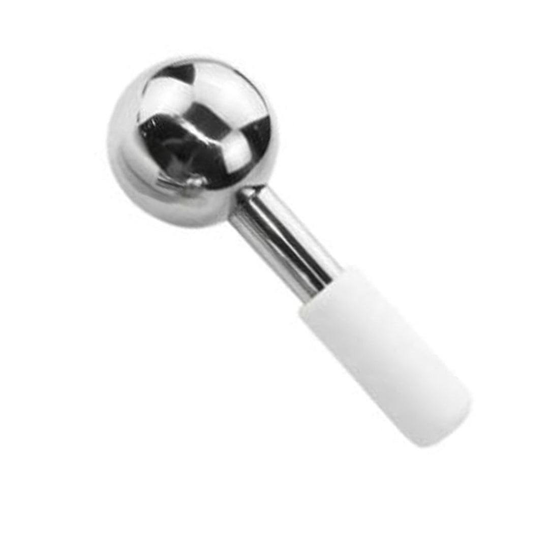 A stainless-steel ice globe with a rounded ball-like top and a long spike for facial nerve stimulation.