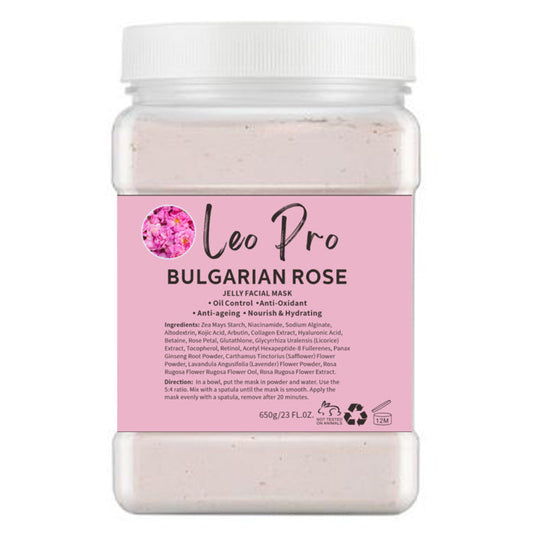 A jar of Leo Pro Bulgarian Rose Jelly Facial Mask, featuring a white cap, clear plastic jar showing the pale pink mask inside, and a pink label with black text.