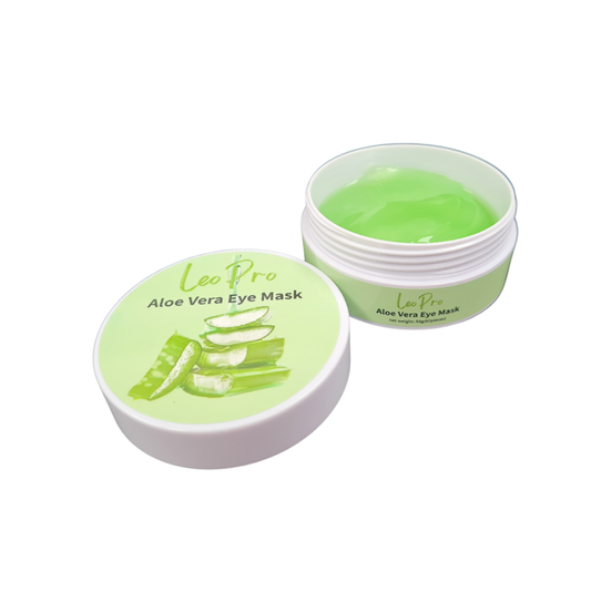 Leo Pro Aloe Vera Eye Mask in a white round jar with its lid placed beside it, showing the bright green mask inside and aloe vera slices printed on the lid label.