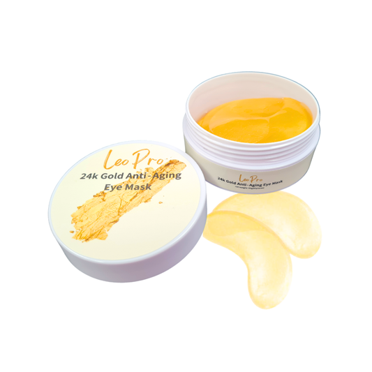 Leo Pro 24K Gold Anti-Aging Eye Mask shown with its white jar, open lid, and two pale yellow gel eye patches on a white background.