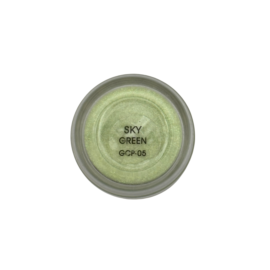 Acrylic powder in a small round container labeled 'Sky Green' on a white background