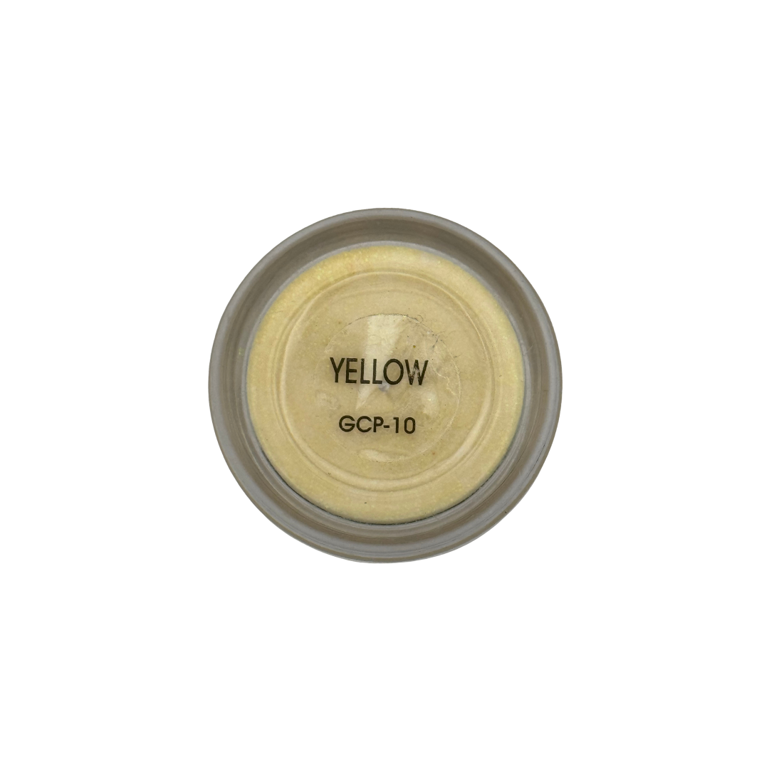 Acrylic Yellow nail powder in a round container with 'Yellow GCP-10' label on a white background