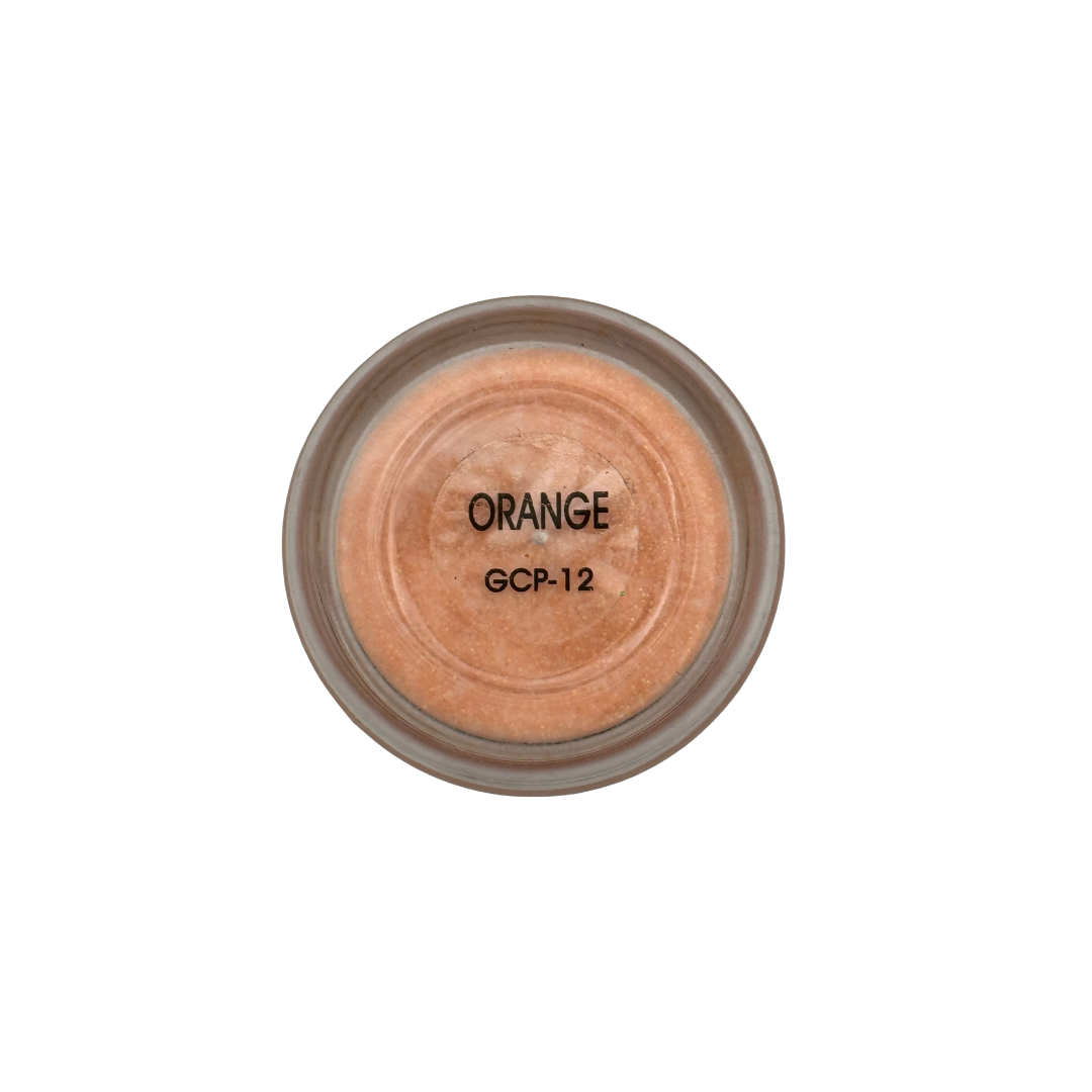 Container with Orane Nail Acrylic powder labeled 'Orange' with code GCP-12 on a white background