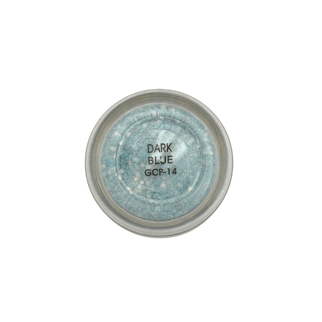 Small container of dark blue glitter Nail Acrylic Powder on a white background