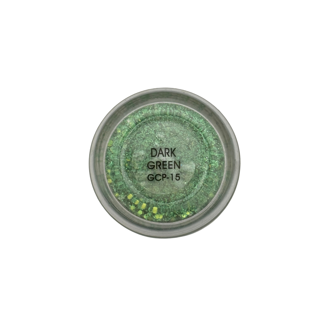 Dark green glitter nail acrylic powder in a small round container on a white background