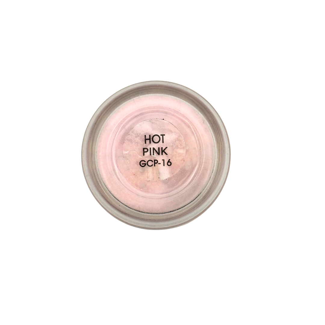 Pink nail acrylic powder in a container labeled 'Hot Pink GCP-16' on a white background