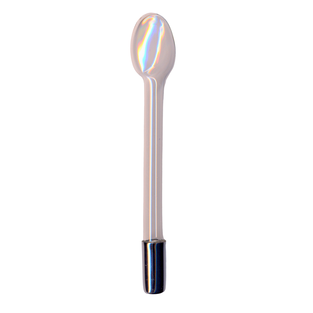 A single high frequency teardrop shaped electrode with a glass body and metal connections on one end.