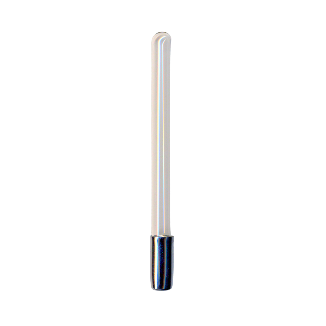 A single high frequency indirect electrode with a glass body and metal connections on one end.