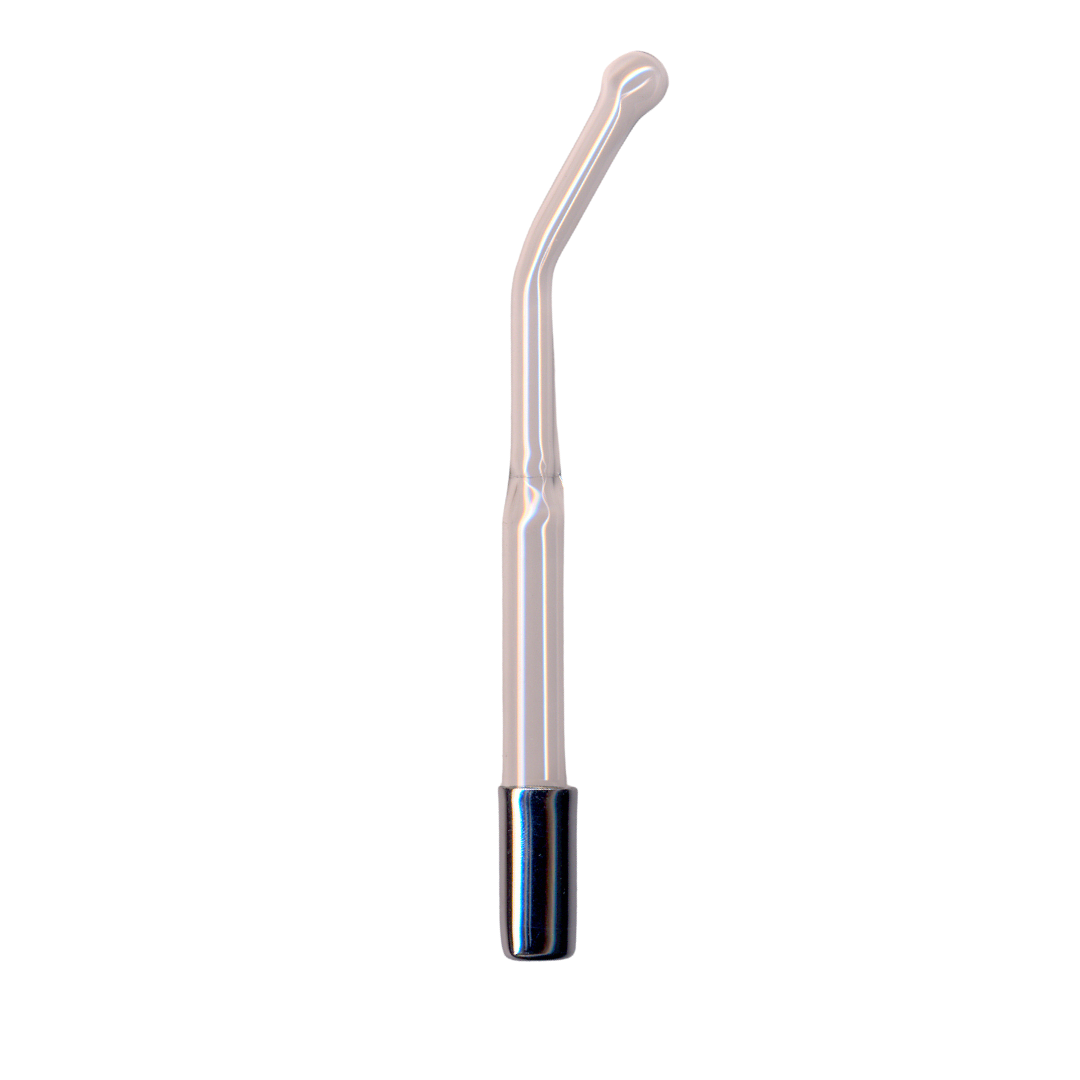 A single high frequency sparking electrode with a glass body and metal connections on one end.