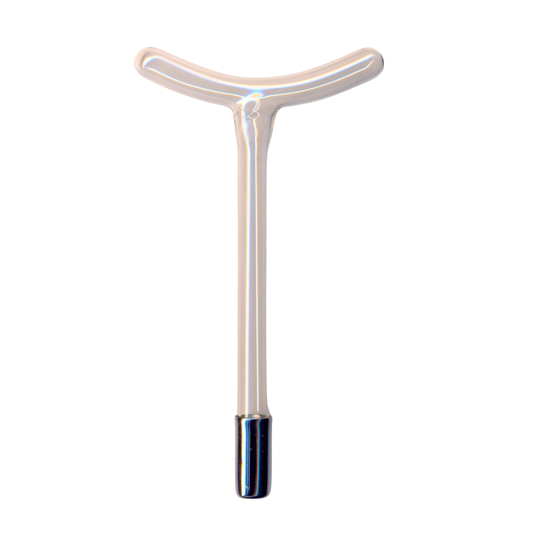 A single high frequency hoof electrode with a glass body and metal connections on one end.