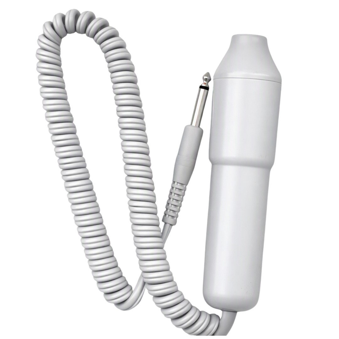 A white plastic high frequency probe handheld with a coiled gray cord and a silver 1/4-inch jack plug, shown on a plain white background.