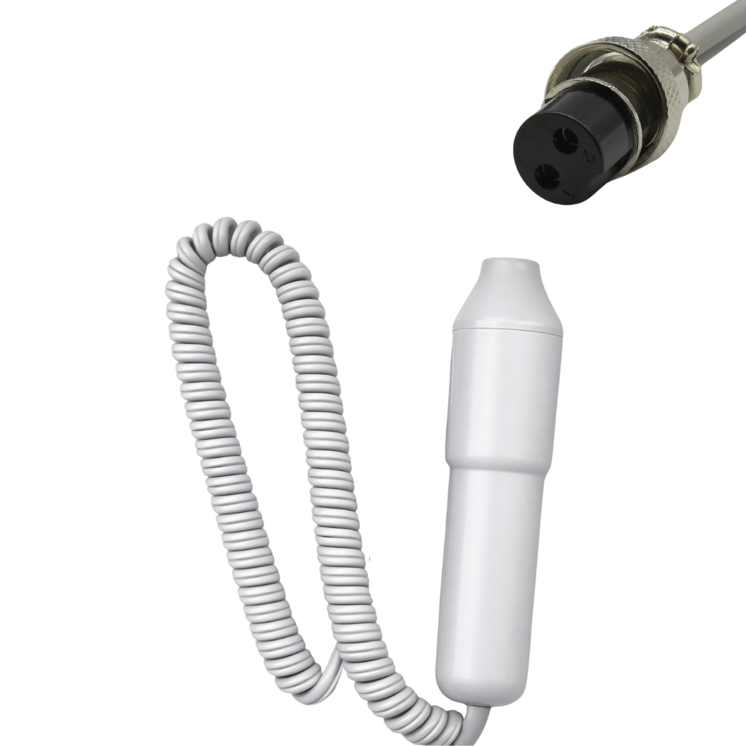 A white cylindrical high frequency probe attached to a coiled white cable, with a close-up inset of its black and silver electrical connector in the top right corner, all on a solid white background.