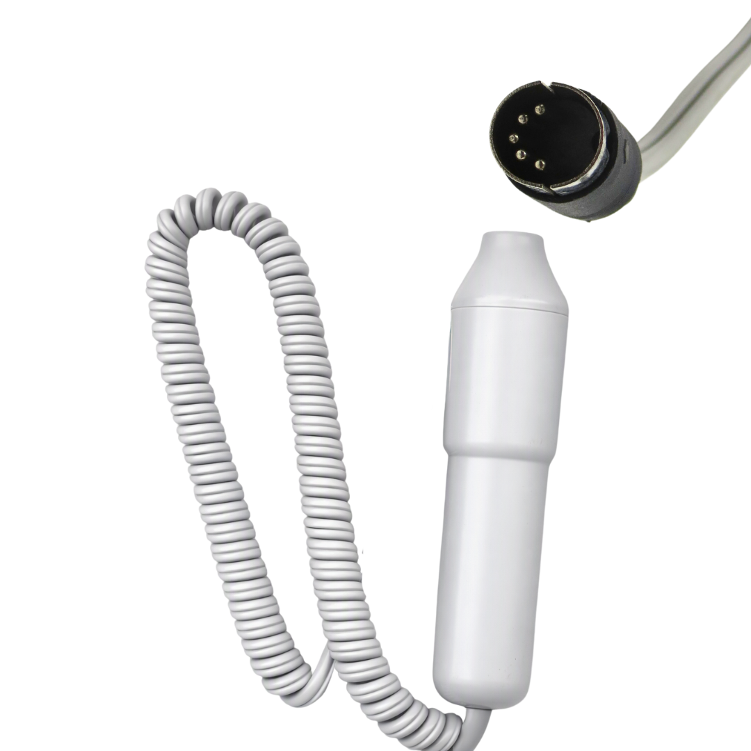 A white coiled cable with a cylindrical high frequency probe and a black multi-pin plug, shown on a plain white background.