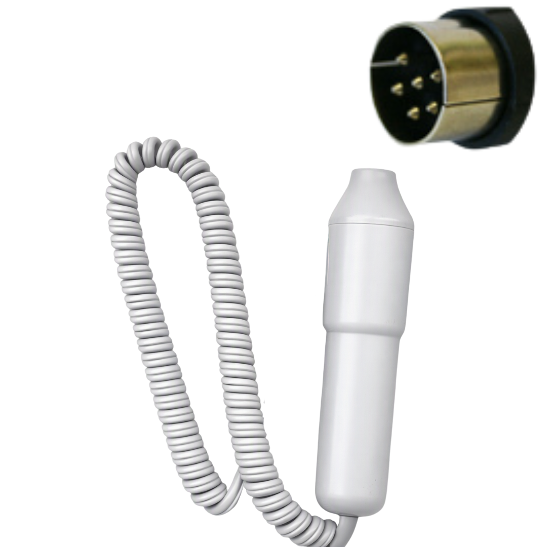 A white coiled cord with a white cylindrical high frequency probe attachment, shown on a plain white background with a close-up inset of a round black-and-gold connector at the top right.