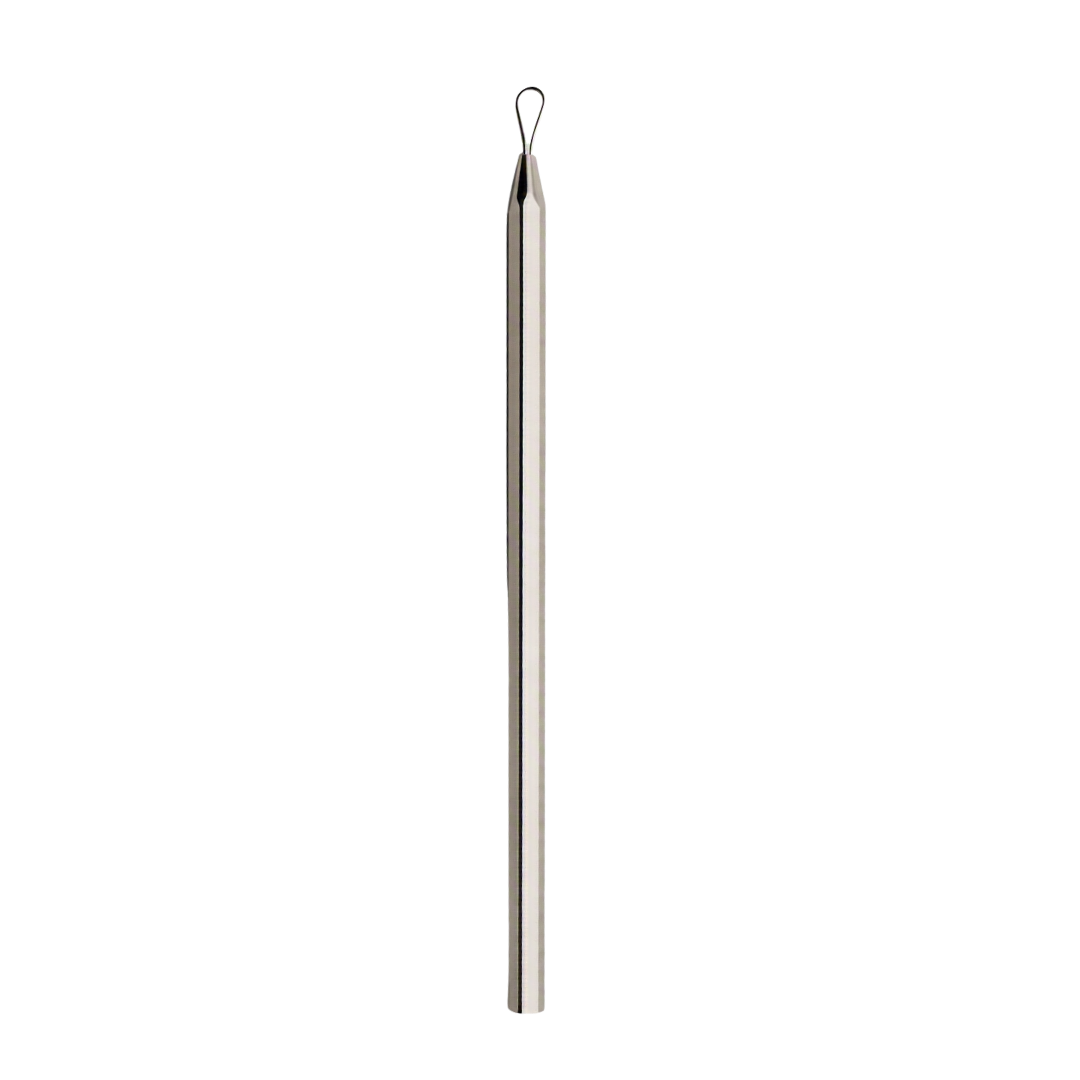 A long, narrow metallic comedone or blackhead extractor with a small loop at the top, shown vertically against a plain white background.