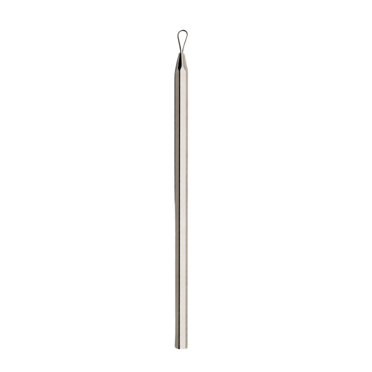 A long, narrow metallic comedone or blackhead extractor with a small loop at the top, shown vertically against a plain white background.