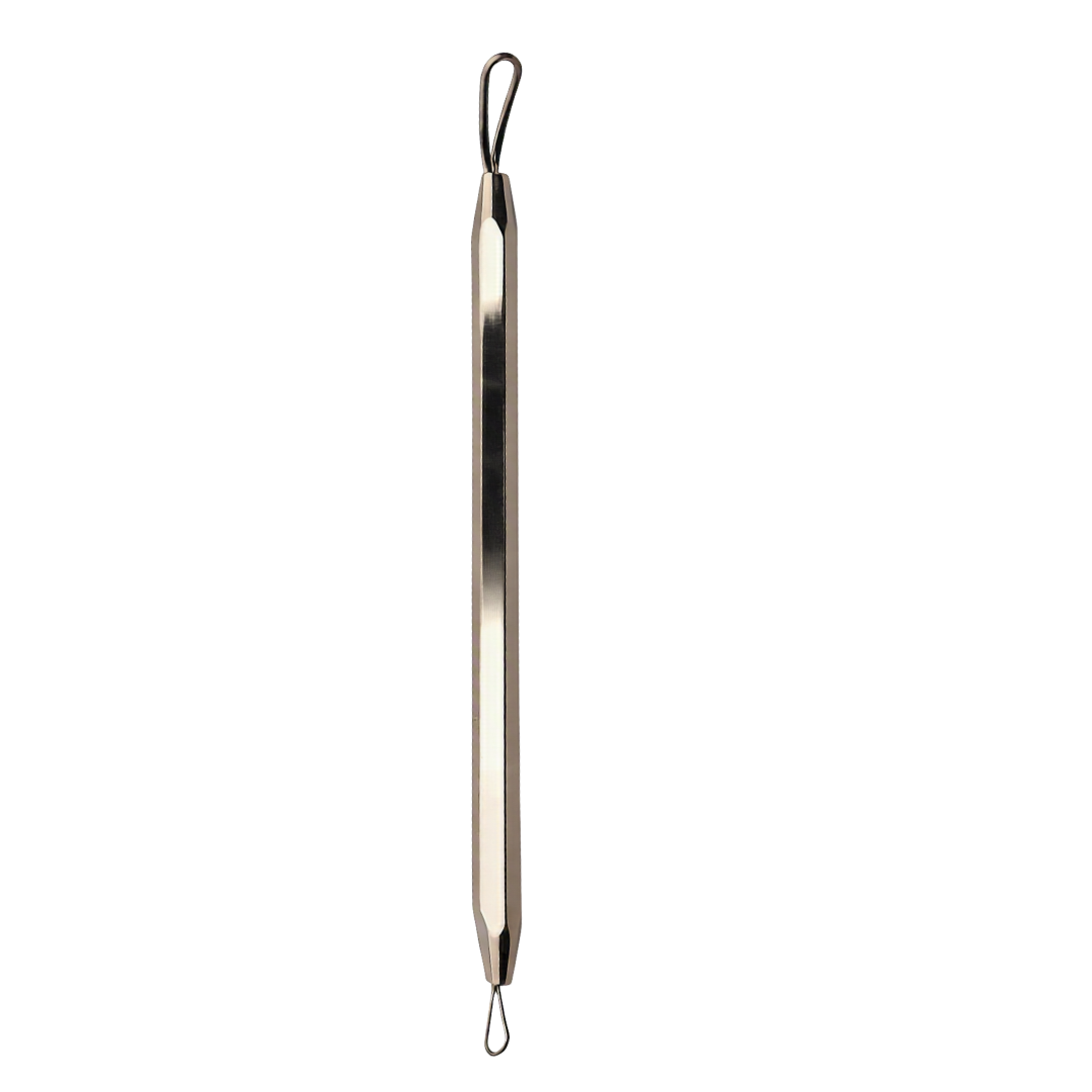 A long, narrow metallic comedome or blackhead extractor with a bigger loop at the top and a small one at the bottom, shown vertically against a plain white background.