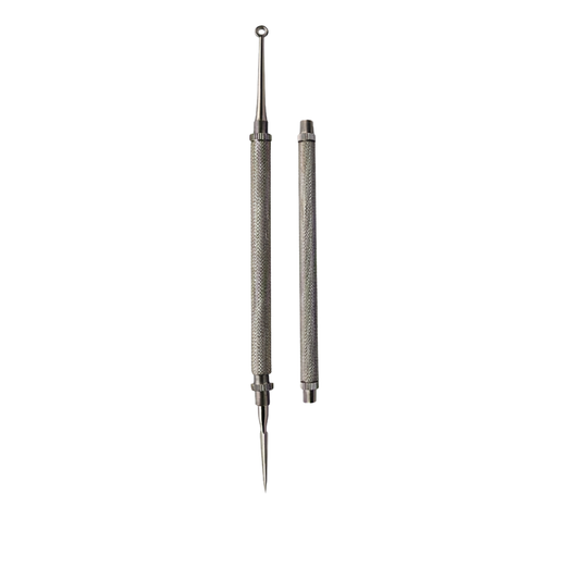 A pair of metallic comedome extractor, one end sharp lancet type tip and other side small loop, shown vertically on a plain white background.