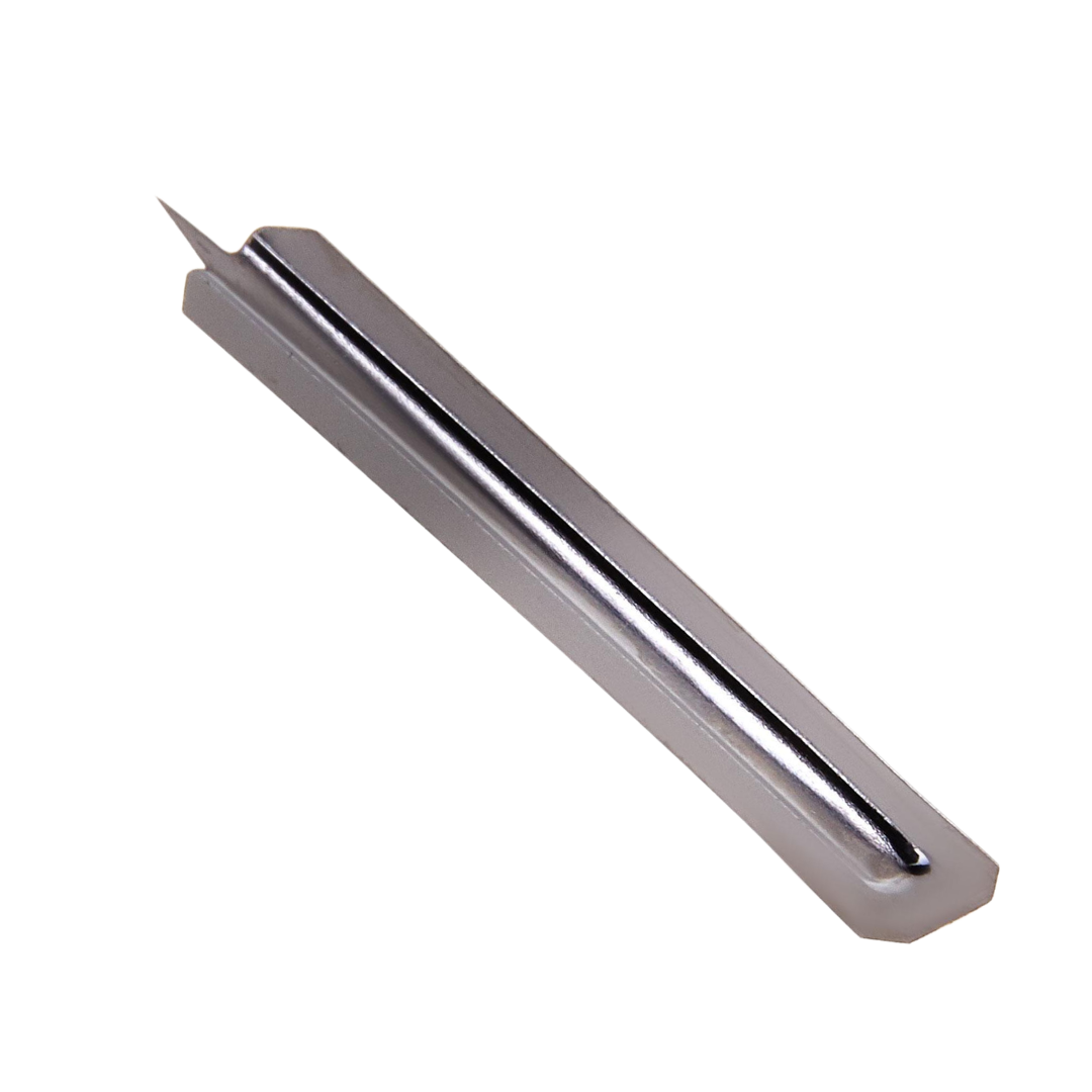 A long, narrow metallic lancet with a pointed tip, shown diagonally on a plain white background.