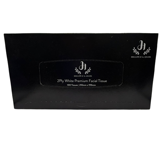 Black box of Holloway & Adams 2Ply White Premium Facial Tissue on a white background