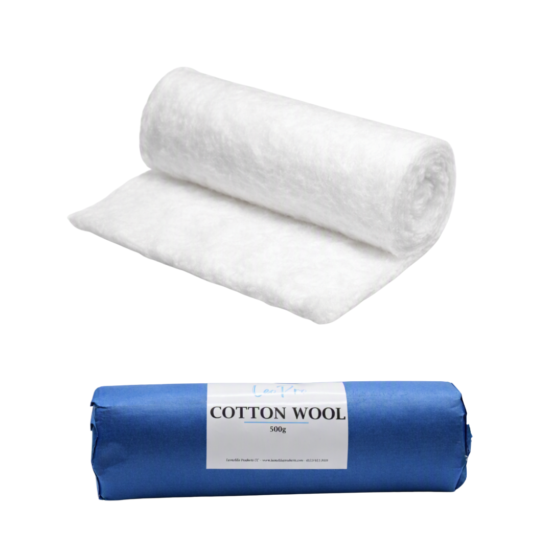 An opened roll of white cotton wool and a closed roll wrapped in blue underneath with LeoPro and 500g Cotton Wool marking.